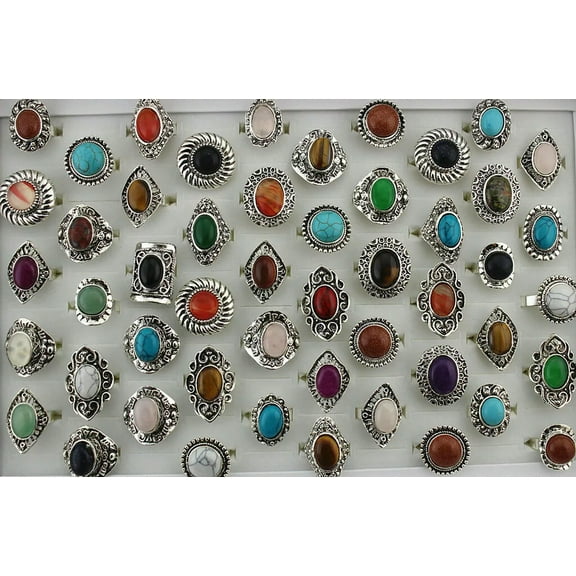 K-KED Wholesale Lots 32pcs Mixed Color Natural Stone Delicate Jewelry Womens Adjustable Rings