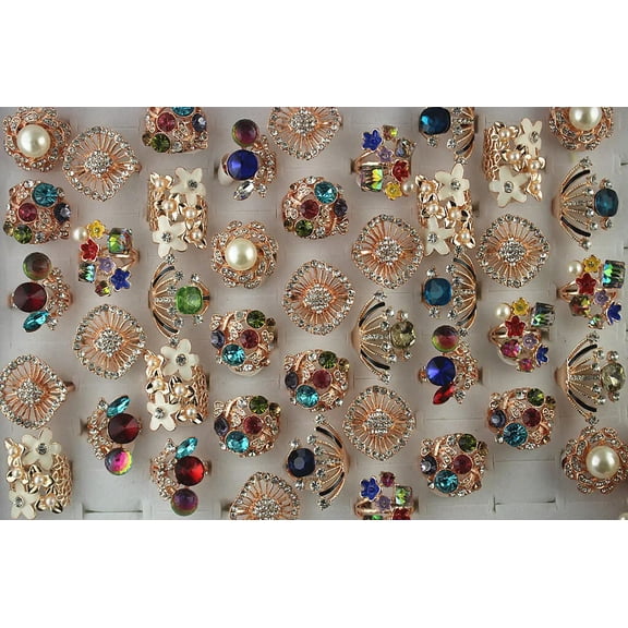 K-KED Wholesale Lots 32pcs Mixed Rhinestone Rose Gold P Delicate Jewelry Womens Party Rings