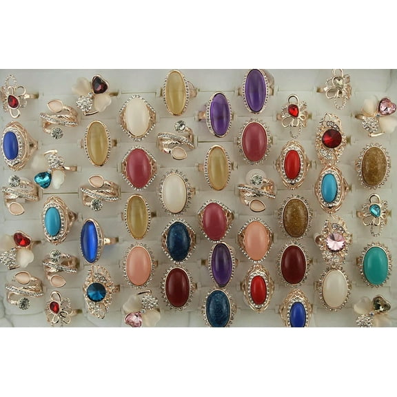 K-KED Wholesale Lots 32pcs Mixed Rose Gold P Delicate Jewelry Big Resin Rhinestone Party Rings