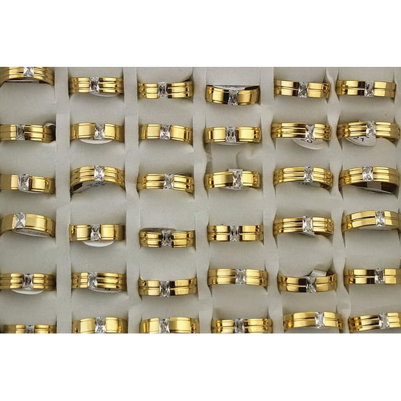 K-KED Wholesale Mix Lots 32pcs Clear Cubic Zirconia Stainless Steel Men's Gold P Rings