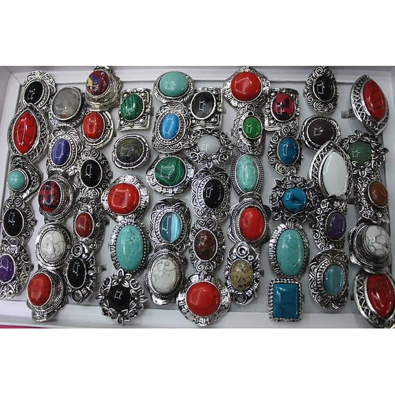 K-KED Wholesale Mixed Lots 30pcs Natural Stone&Alloy Oversize Trendy Colorful Rings