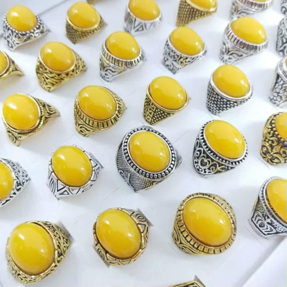 K-KED Wholesale Mixed Lots 30pcs Women Rings Yellow Resin Stone Delicate Jewelry Silver P Ring-Yellow