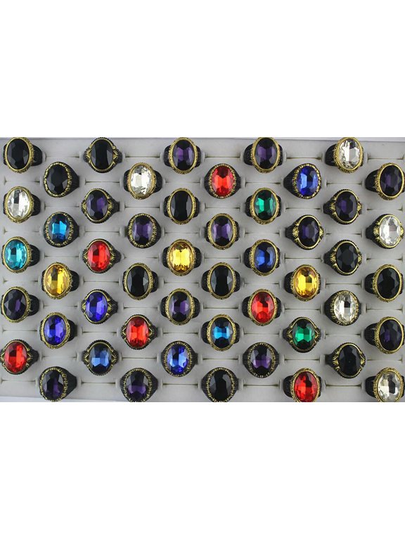 Wholesale Mixed Lots 32pcs Colorful Glass Black Plated Alloy Men's Party Rings