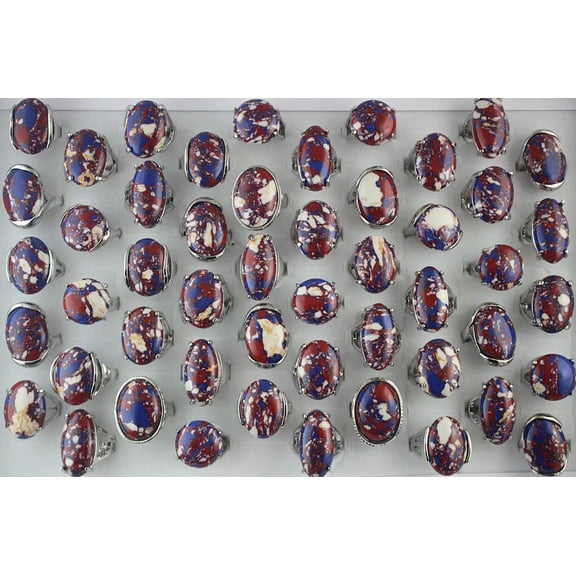 K-KED Wholesale Mixed Lots 32pcs Natural Stone Ring Silver Plated Alloy Lady's Rings