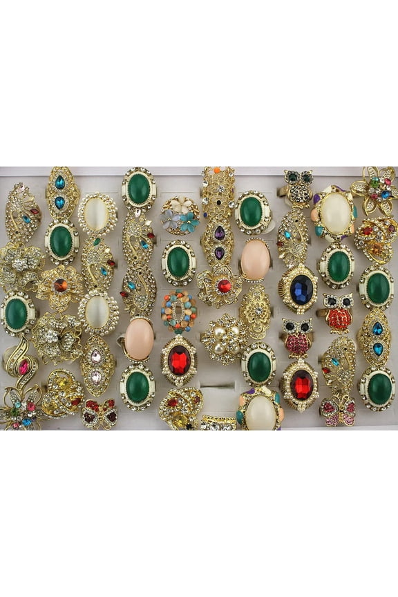 Wholesale Mixed Lots 32pcs Oversize Rhinestone Gold P Womens Lady's Party Rings