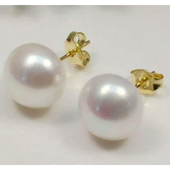 K-KED Wholesale Natural Genuine Akoya Freshwater Pearl 14K Gold Plated Stud Earrings -9-10mm-White
