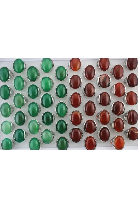 Wholesale Rings Lots 32pcs Oversize Green Red Mixed Agate Silver Plated Ring