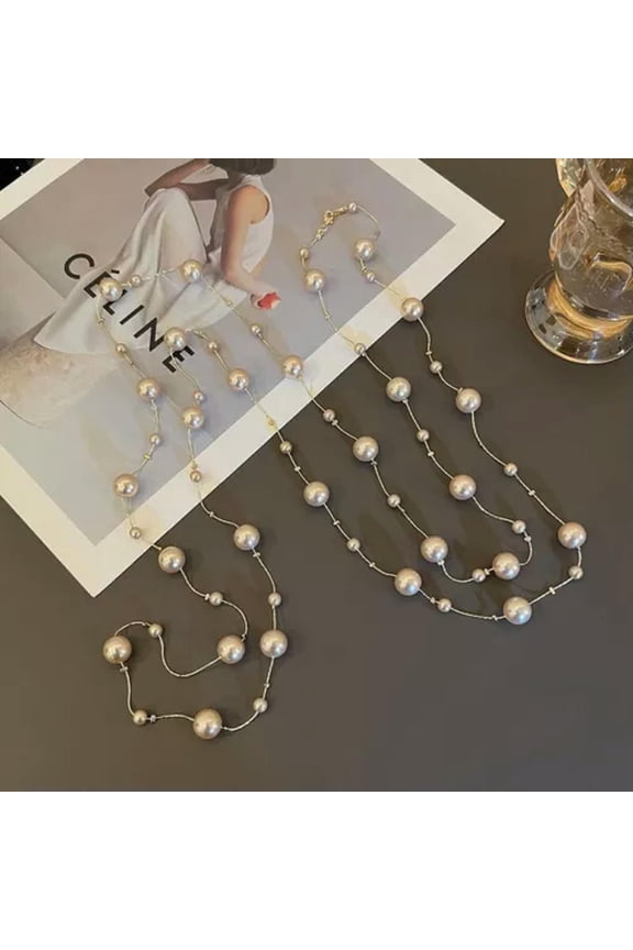 Woman 18K Gold Plated Pearl Tassel Charm Chain Necklace Super Long 66 ''-Gold