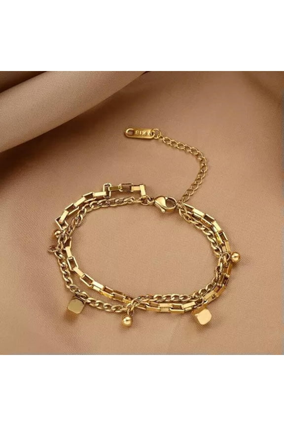 Woman 18K Gold Plated Stainless Steel Cubes Box Curb Chain Bracelet Bangle 7.9''