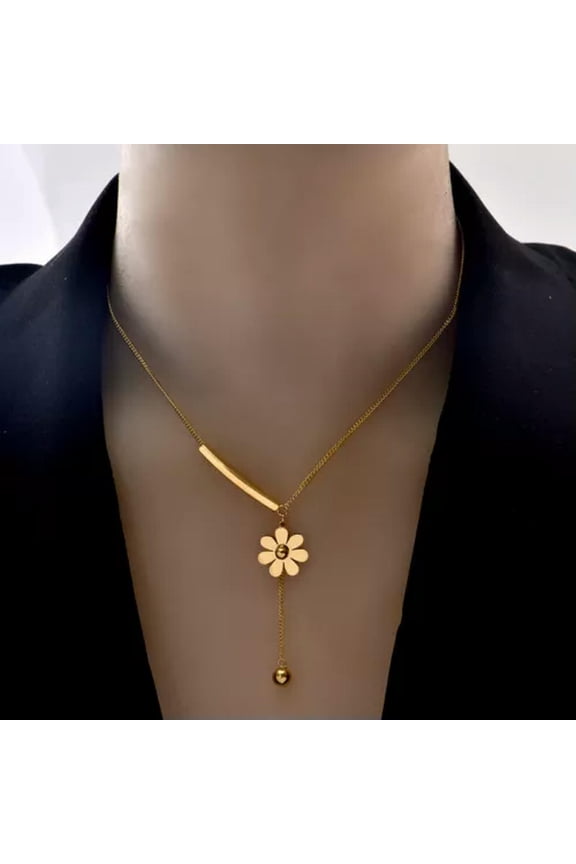 Woman 18K Gold Plated Stainless Steel Daisy Flower Charm Tassel Chain Necklace