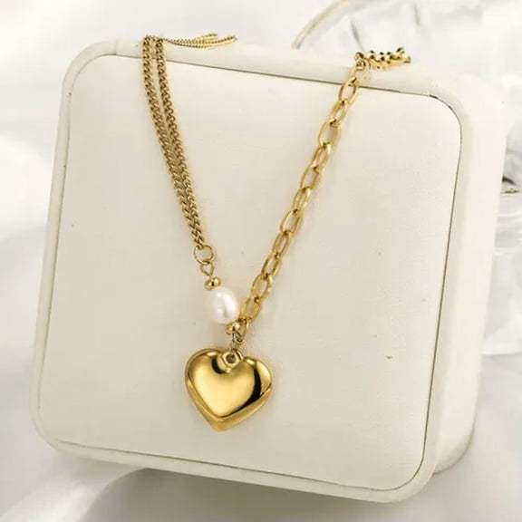 K-KED Woman 18K Gold Plated Stainless Steel Heart Charm Baroque Pearl Chain Necklace