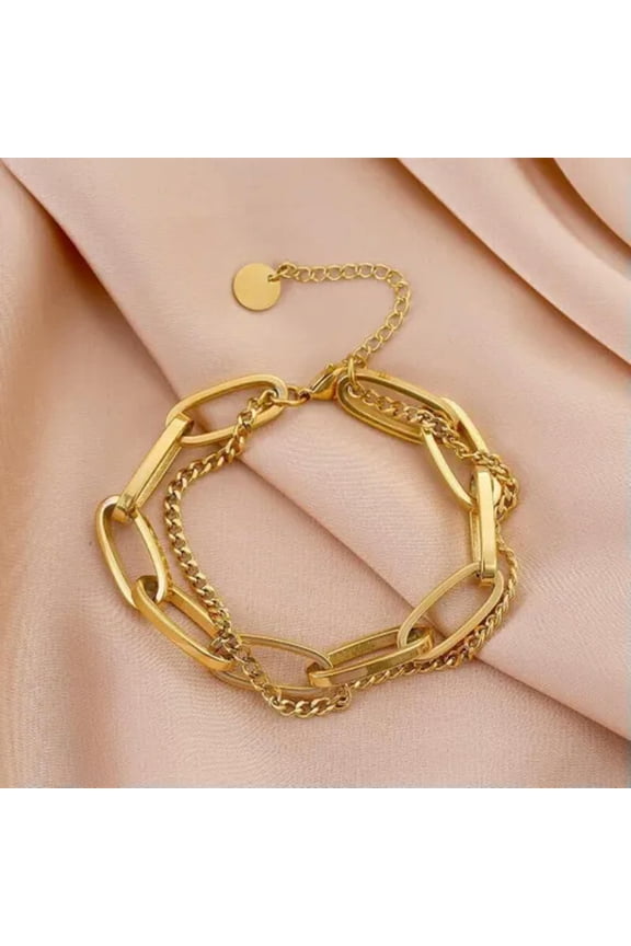 Woman 18K Gold Plated Stainless Steel Rolo Link Curb 2 Layer Bangle Bracelet