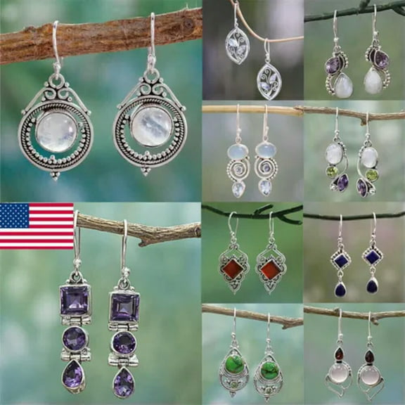 K-KED Woman Silver Moonstone Turquoise Ear Hook Stud Drop Dangle Earrings Delicate Jewelry USA-#1 (2.8*1.5cm )