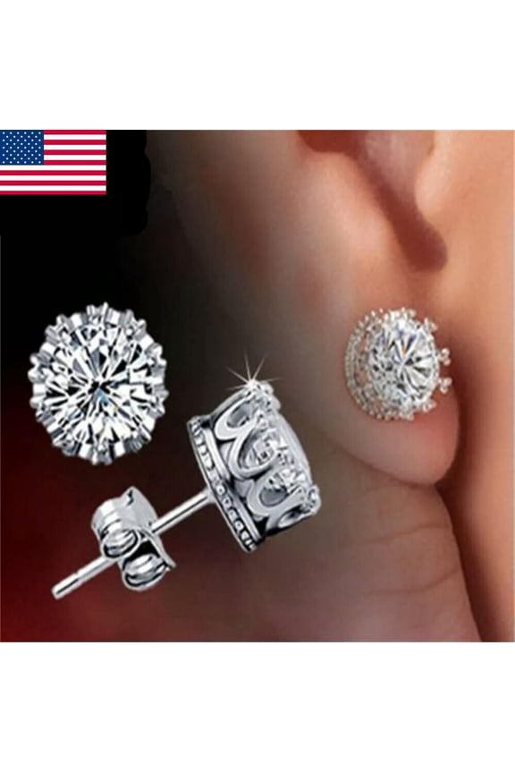 Women 925 Silver Crystal Rhinestone Crown Charm Ear Studs Earrings Gift US