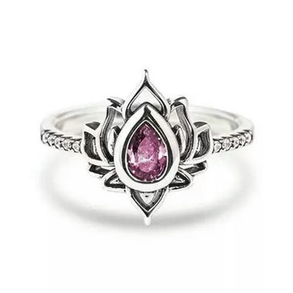 K-KED Women 925 Silver Filled Lotus Flower Ring Delicate Jewelry Cubic Zircon Gifts Size 6-10-Pink-8