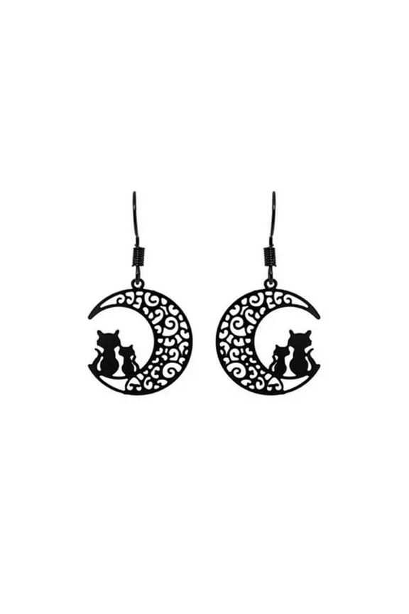 Women Black Moon Cat Earrings Dangle Silver Plated Witch Earrings Gothic Jewelry-3#Black Moon Cat Earrings