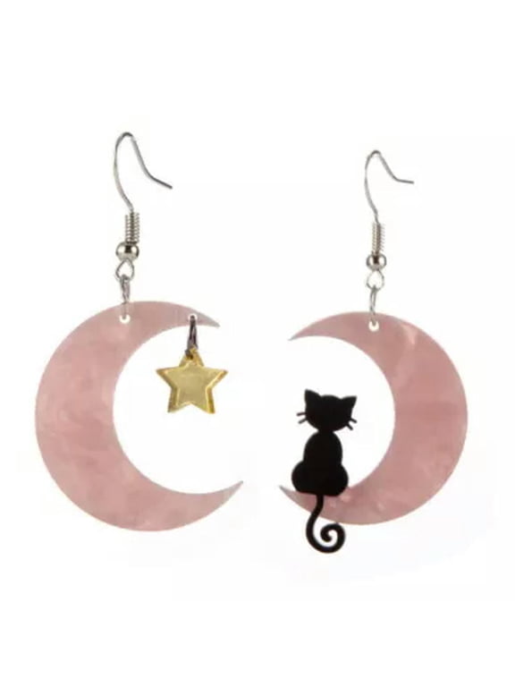 Women Black Moon Cat Earrings Dangle Silver Plated Witch Earrings Gothic Jewelry-4#Pink moon star cat earrings