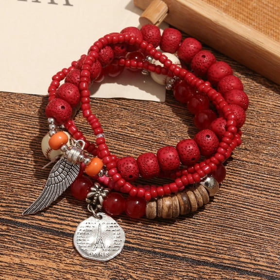 K-KED Women Bohemian Ethnic Multi-Layer Rice Bead Bracelet Wing Bracelet Hand Chain-Red