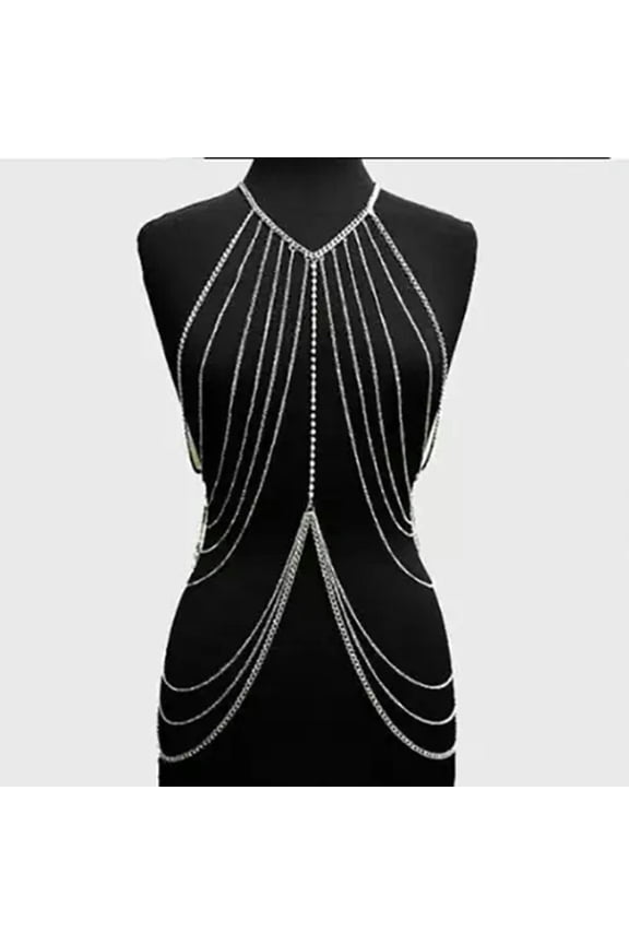 Women Bra Waist Belly Crossover Body Chain Harness Tassel Necklace Body Jewelry-Silver