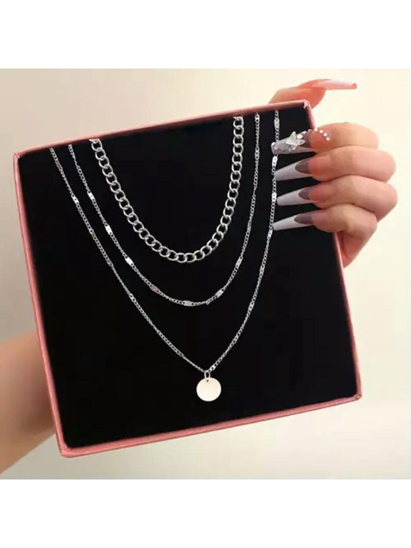 Women Chain Disc 3 Layer Pendant Necklace Delicate Jewelry Gift Daily Party Sliver Color