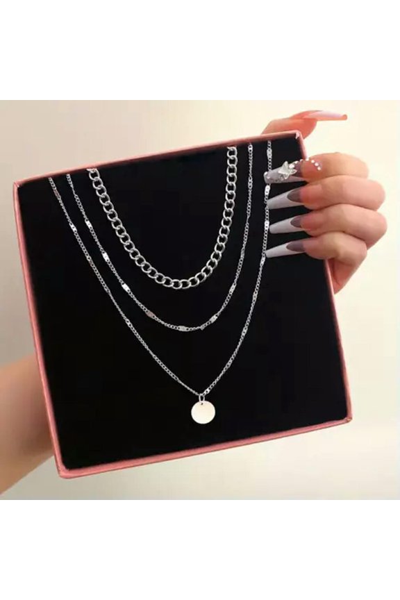 Women Chain Disc 3 Layer Pendant Necklace Delicate Jewelry Gift Daily Party Sliver Color