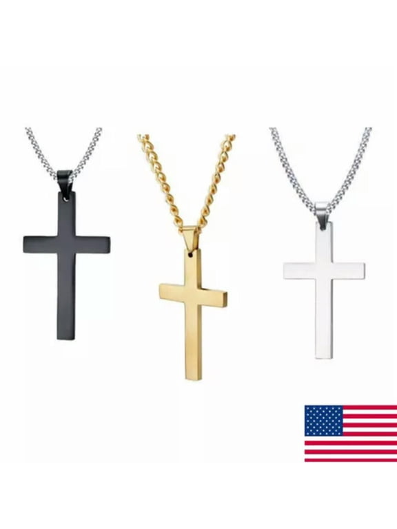 Women Chain Necklace Black Cross Stainless Steel Pendant Crucifix Jesus Gift US.-Gold