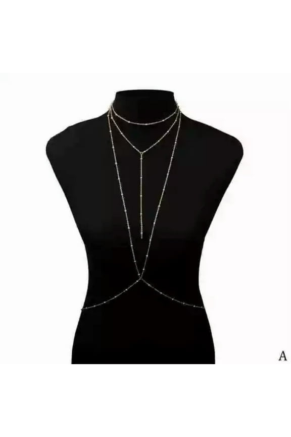 Women Delicate Jewelry Crystal Rhinestone Bra Chest Body Chain Harness Necklace-Gold