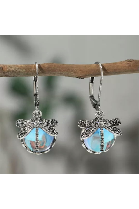 Women Delicate Jewelry Vintage Earrings Dragonfly Drop Earrings Moonstone Delicate Jewelry Antique-Sky Blue