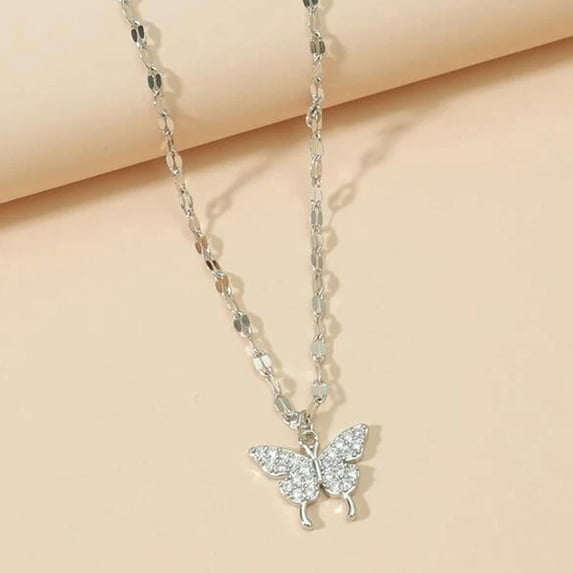 K-KED Women Fashion Delicate Jewelry Gold Cubic Zircon Butterfly Pendant Necklace-Silver