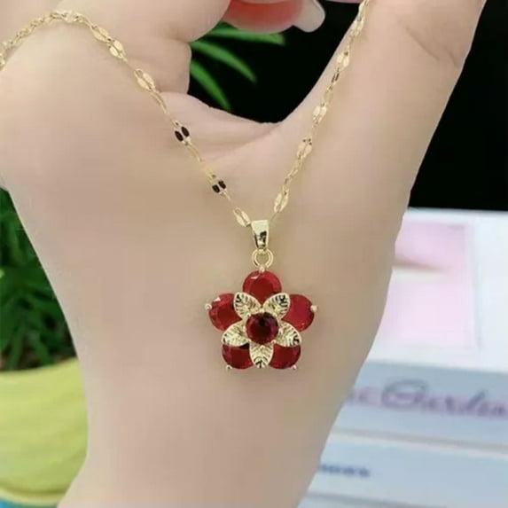 K-KED Women Fashion Delicate Jewelry Gold Cubic Zircon Red Cherry Blossom Flower Necklace-Gold
