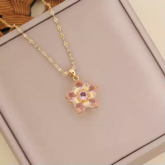 K-KED Women Fashion Delicate Jewelry Gold Cubic Zircon Red Cherry Blossom Flower Necklace-Pink