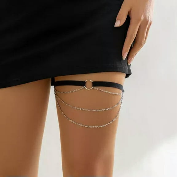 K-KED Women Fashion Delicate Jewelry Multilayer Black Silver Leg Thigh Chain Garter