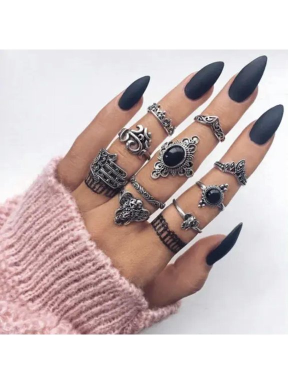 Women Fashion Delicate Jewelry Vintage Bohemian 10 Ring Set Silver Gothic