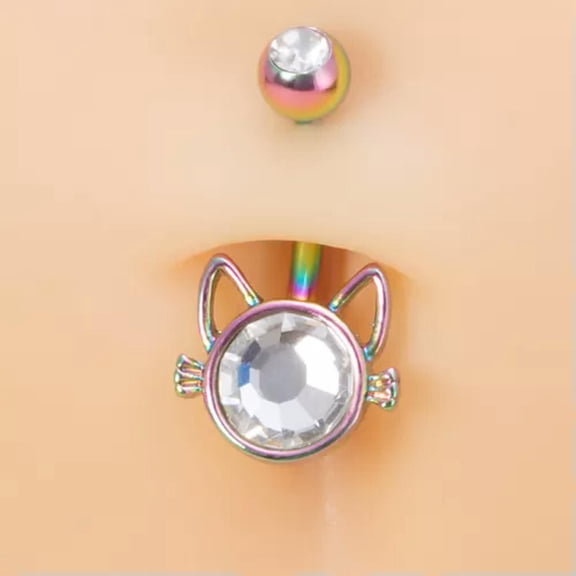 K-KED Women Girls Cute Cat Belly Navel Rings Beach Body Delicate Jewelry Piercing Rhinestone-Multicolour