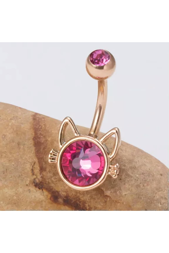 Women Girls Cute Cat Belly Navel Rings Beach Body Delicate Jewelry Piercing Rhinestone-Rose Gold