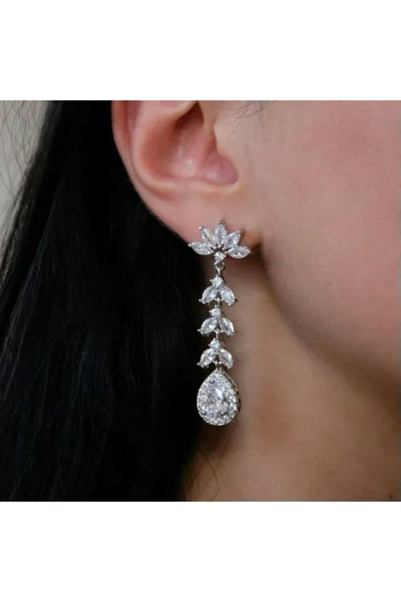 Women Luxury 925 Silver Wedding Long Drop Earrings Cubic Zirconia Jewelry-Silver
