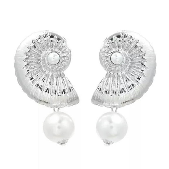 K-KED Women Metal Conch Dangle Earrings Imitation Pearl Ear Studs Summer Jewelry-Silver