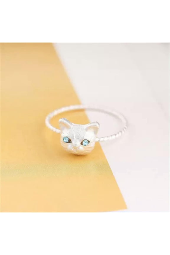 Women Mini Lovely Cat Shaped Ring Rhinestone Studd Ring Black Gold Silver -lq_-Silver
