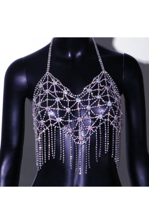 Women Sexy Glitter Rhinestone Chain Body Bikini Faux Crystal Tassels Bra Jewelry-Sliver-Chest chain