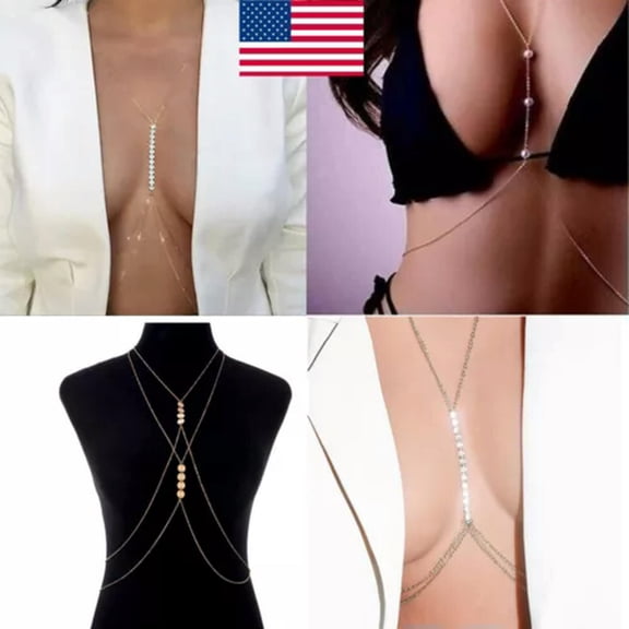 K-KED Women Shiny Crystal Rhinestone Bra Chest Body Chain Harness Necklace Delicate Jewelry US-Gold&Crystal