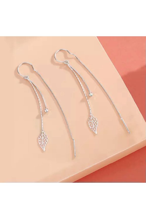 Women Silver Tone Tassel Threader Leaf Dangle Drop Pull Earrings Fashion