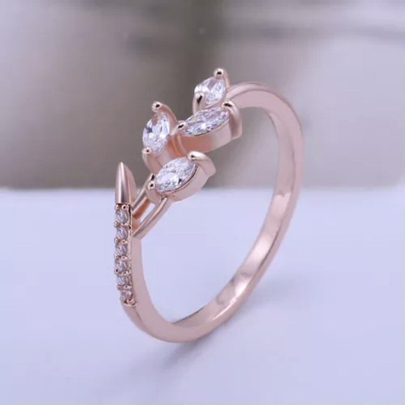 K-KED Women Wedding Rose Gold Filled Ring Leaves Cubic Zircon Ring Sz 5-12-12