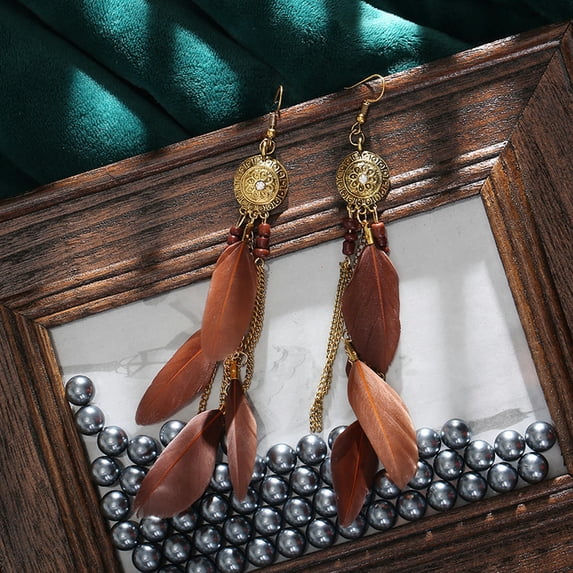K-KED Women's Bohemian Feather Earrings S925 Silver Hook Vintage Tassel Earrings-#2050 Coffee