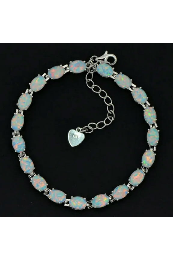 Women's Bracelet Amazing Sterling Silver Dipped Oval White Opal Tennis Bracelet-White