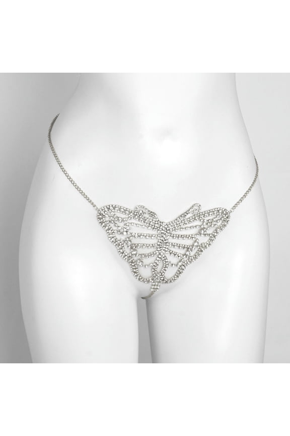 Women's Diamond Inlaid Thong Sexy Butterfly Bikini Set Water Diamond Body Chain-Silver