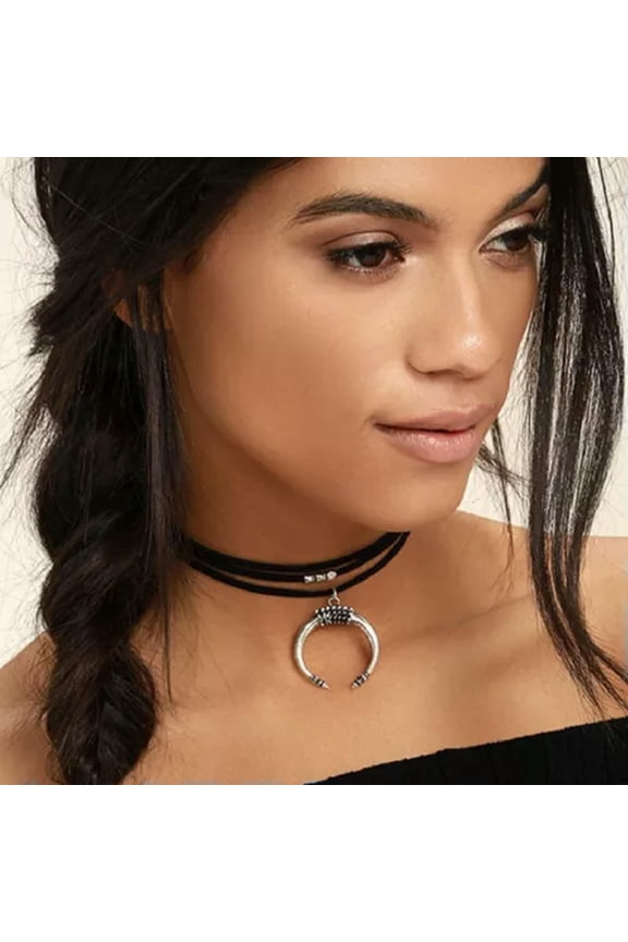 Women's Fashion Delicate Jewelry Silver Crescent Moon Velvet Choker Collar Necklace