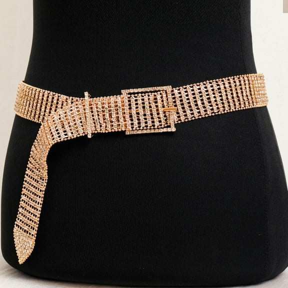 K-KED Women's Shiny Rhinestone Night Club Belt 8 Rows Diamond Waist Chain Slim Belt-Gold