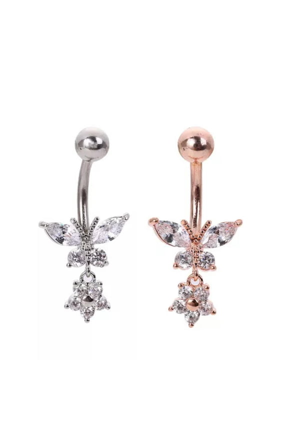 Women's Stainless Steel Studded Butterfly Navel Ring Navel Nail Human Piercing-silver