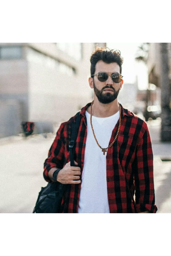 Wooden Cross Necklace For Men Beaded Chain Necklace Rosary Trendy Necklace