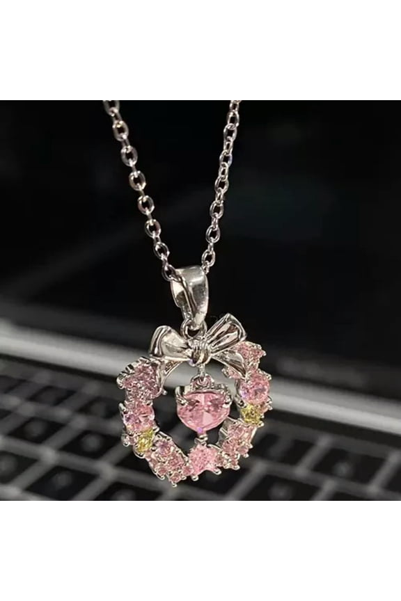 Y2K Delicate Jewelry Sweet Bowknot Necklaces Crystal Heart Clavicle Chains-_-Pink-